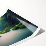 Vibrant rainforest landscape wall art print showcasing lush greenery and vibrant colors, designed for nature lovers, rolled for easy shipping and display.