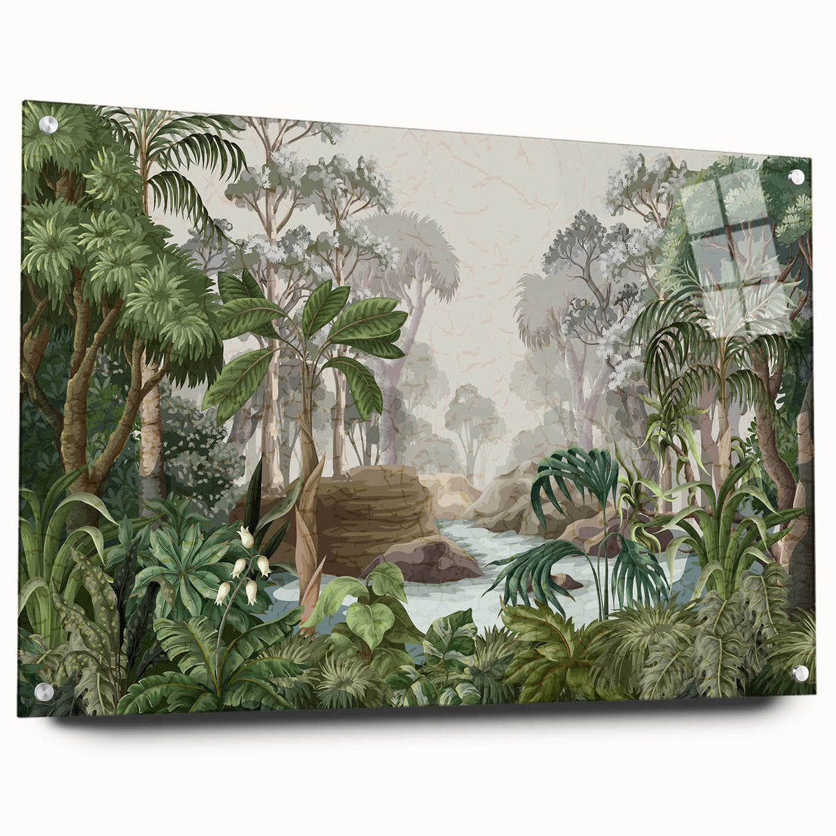 Acrylic glass wall art featuring a vibrant rainforest landscape design, showcasing lush greenery and diverse flora. The artwork is displayed from a side view, highlighting its modern aesthetic and pin mounting. Perfect for adding a touch of nature-inspired elegance to home decor.