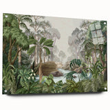 Acrylic glass wall art featuring a vibrant rainforest landscape design, showcasing lush greenery and diverse flora. The artwork is displayed from a side view, highlighting its modern aesthetic and pin mounting. Perfect for adding a touch of nature-inspired elegance to home decor.