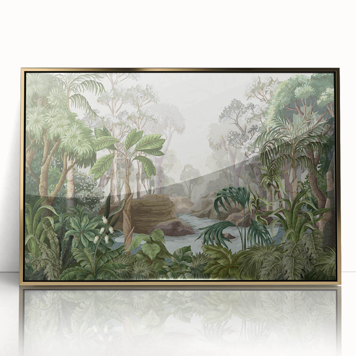Framed wall art featuring a vibrant rainforest landscape design, accented with gold detailing, showcasing lush foliage and rich colors for a stunning home decor piece.