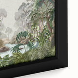 Close-up of a vibrant rainforest-themed framed canvas wall art, showcasing lush green foliage and intricate details, perfect for adding a nature-inspired touch to any room decor.