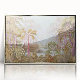 Framed acrylic wall art showcasing a vibrant rainforest landscape design, featuring lush green foliage and colorful flora, presented in a sleek silver frame.