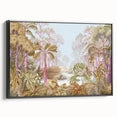 Framed canvas wall art depicting a vibrant rainforest landscape with lush greenery and a serene atmosphere, showcased from a black side view for elegance.