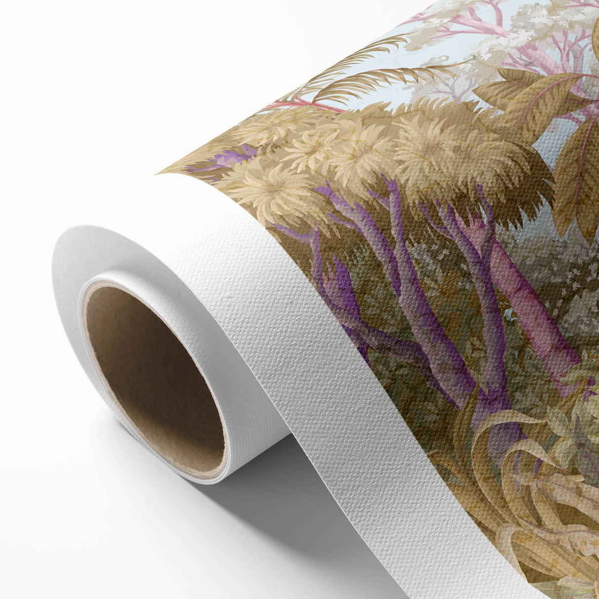 Vibrant rainforest landscape wall art design on rolled canvas, showcasing lush greenery and tropical foliage, ideal for home decor and nature enthusiasts.