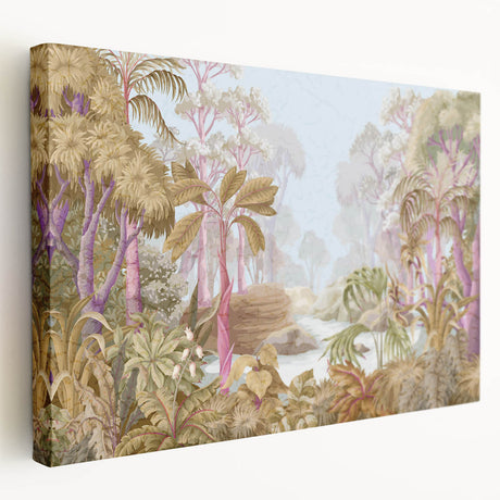 Stretched canvas showcasing a vibrant rainforest landscape design with lush green foliage and colorful flora, perfect for enhancing home decor with a nature theme.