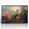 Framed acrylic wall art featuring a vibrant rainforest landscape design with lush greenery and rich colors, showcased in a sleek black frame, perfect for nature enthusiasts.