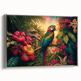 Framed canvas wall art depicting a vibrant rainforest landscape with lush greenery, showcasing intricate details and a silver frame, perfect for home decor.