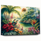 Acrylic glass wall art piece showcasing a vibrant rainforest landscape with rich greenery and intricate details, displayed with pins for a modern aesthetic.