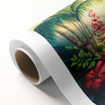 Vibrant rolled canvas artwork depicting a lush rainforest landscape with rich greens and intricate details, ideal for nature-inspired home decor.
