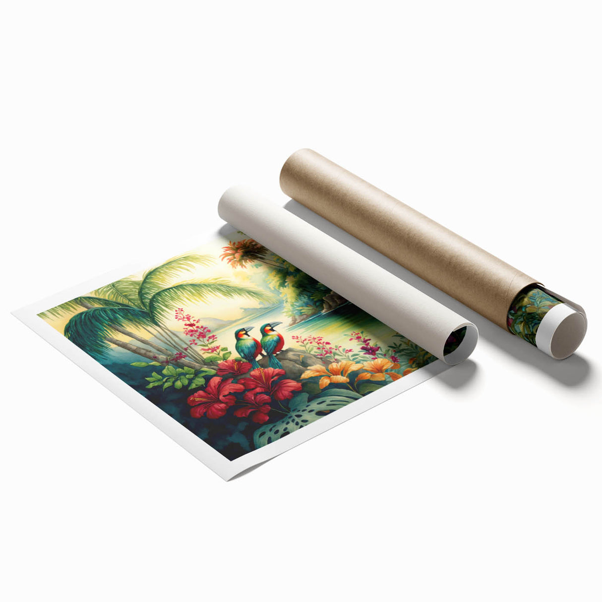 Vibrant rainforest landscape wall art print showcasing lush green foliage and intricate details, rolled for easy display and protection during shipping.