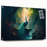 Acrylic glass wall art depicting a vibrant rainforest landscape, showcasing lush greenery and intricate details, mounted with pins for a modern presentation, ideal for nature enthusiasts.