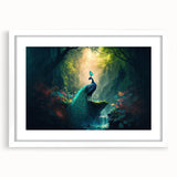 Framed rainforest landscape wall art print featuring vibrant green foliage and serene nature scenery, displayed in a sleek white frame with a mat for an elegant look. Perfect for enhancing home decor with a touch of natural beauty.