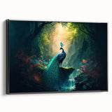 Framed canvas artwork showcasing a vibrant rainforest landscape design, featuring lush greenery and tropical flora, with a sleek black frame enhancing its visual appeal.