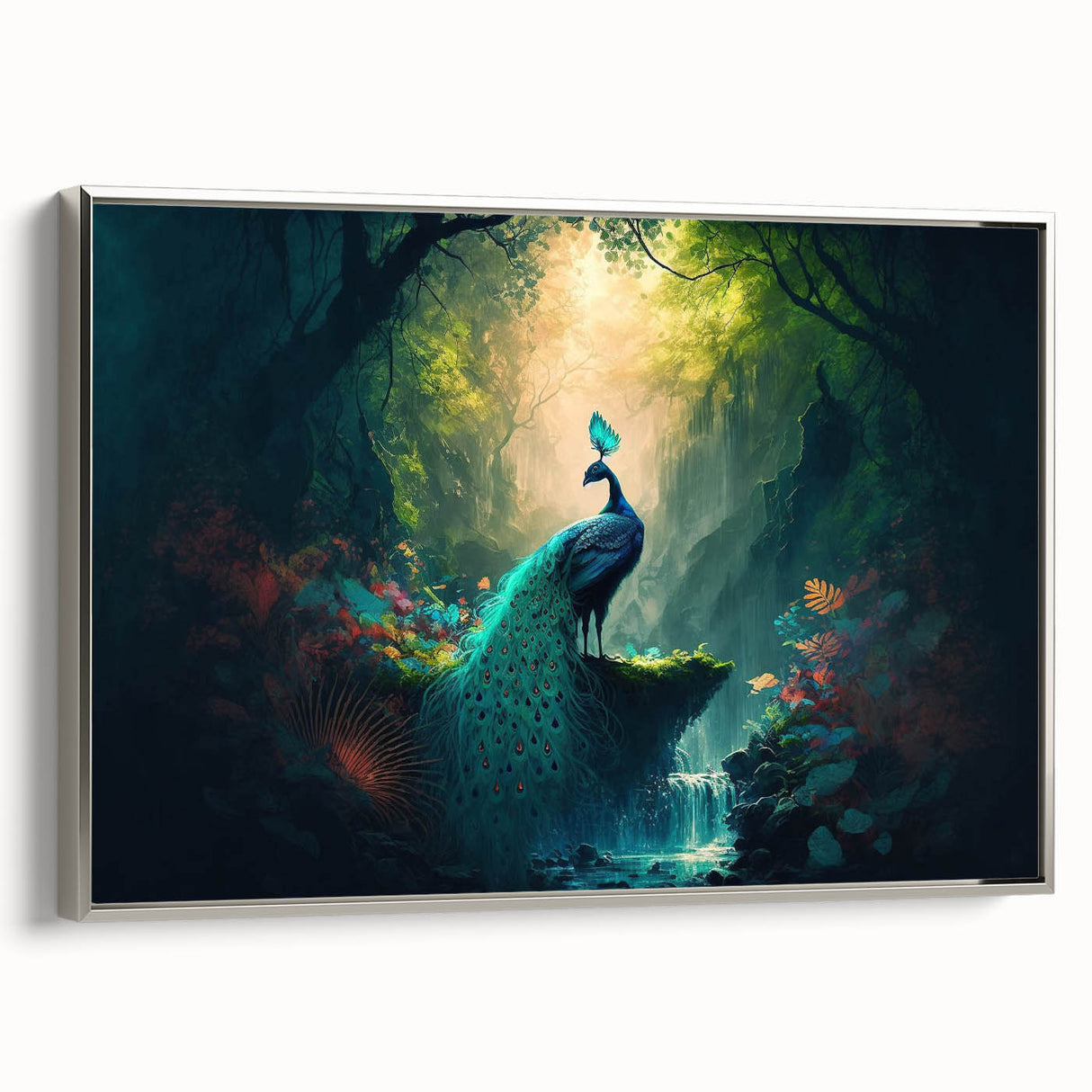 Framed canvas wall art featuring a vibrant rainforest landscape design, showcasing rich green foliage and tranquil water elements, elegantly bordered in silver.
