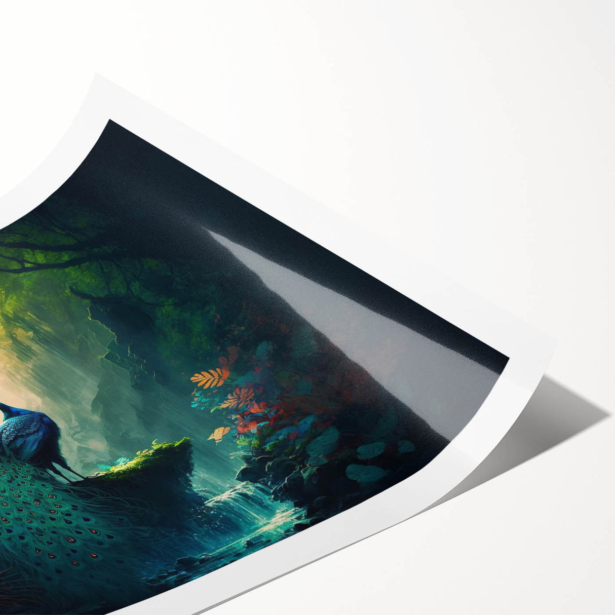 Vibrant rainforest landscape wall art print showcasing lush green foliage and tropical flowers, rolled and ready for framing, perfect for nature-inspired decor.