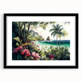 Framed wall art featuring a vibrant rainforest landscape design, highlighting lush green foliage and colorful tropical plants, presented in a sleek black frame with a mat.