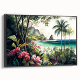 Framed canvas artwork showcasing a vibrant rainforest landscape design, presented in a sleek black frame, perfect for enhancing modern interior decor.