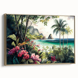 Framed canvas wall art depicting a vibrant rainforest landscape design, featuring lush green foliage and golden accents, perfect for enhancing home decor.