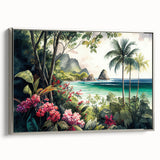 Framed canvas wall art showcasing a vibrant rainforest landscape design, featuring rich greens and earthy tones, elegantly displayed with a sleek silver frame.