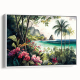 Framed canvas wall art showcasing a vibrant rainforest landscape design, featuring rich greens and blues, displayed in a stylish white frame for modern decor.