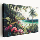 Stretched canvas wall art showcasing a vibrant rainforest landscape design, featuring lush greenery and vivid colors, perfect for adding a natural aesthetic to any room.
