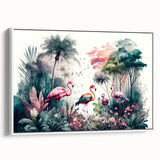 Framed canvas wall art showcasing a vibrant rainforest design with lush greenery and tropical flora, presented from a side view against a white backdrop.