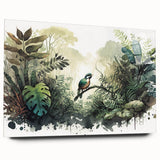 Vibrant rainforest-themed wall art design printed on acrylic glass, showcasing lush greens and intricate details, ideal for modern decor and nature enthusiasts.