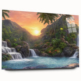 Acrylic glass wall art featuring a vibrant rainforest landscape design, showcasing lush greenery and tropical flora, elegantly displayed from a side view. Perfect for nature enthusiasts looking to enhance their home decor.
