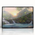 Framed acrylic wall art showcasing a vibrant rainforest landscape design, featuring lush green foliage and colorful flora, set in a sleek black frame, ideal for enhancing modern decor.