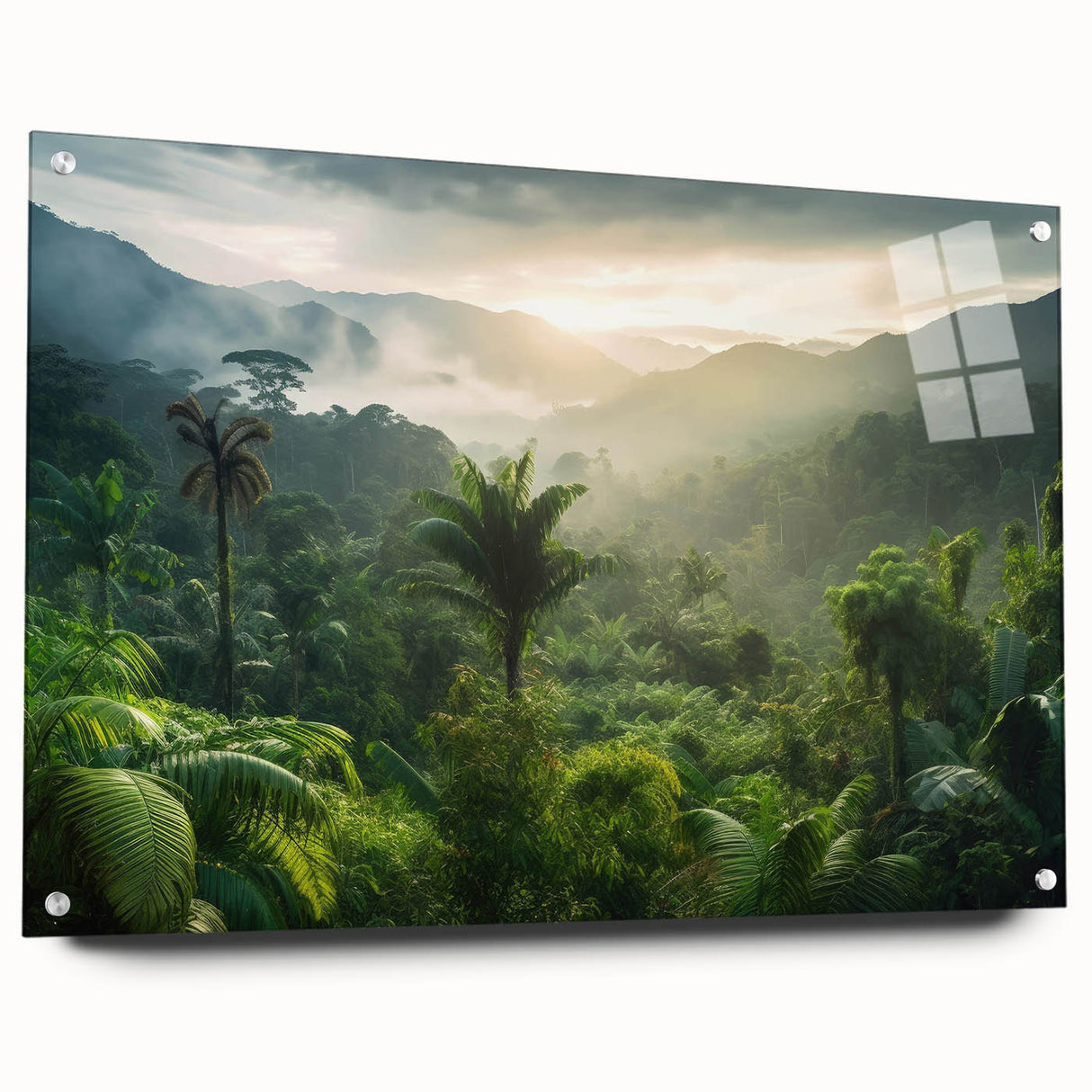Acrylic glass wall art piece depicting a vibrant rainforest landscape, showcasing lush green foliage and intricate details, elegantly displayed with pins for wall mounting.