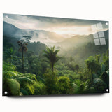 Acrylic glass wall art piece depicting a vibrant rainforest landscape, showcasing lush green foliage and intricate details, elegantly displayed with pins for wall mounting.