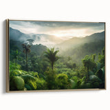 Framed canvas wall art showcasing a vibrant rainforest landscape design, accented with gold detailing, presented in a stylish side view for modern home decor.