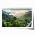 Vibrant rainforest landscape wall art print showcasing lush greenery and tropical plants, rolled for easy transport and display, perfect for nature-inspired decor.