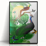 Framed acrylic wall art depicting a vibrant rainforest landscape, featuring lush greenery and rich colors, displayed in a sleek black frame for modern decor.