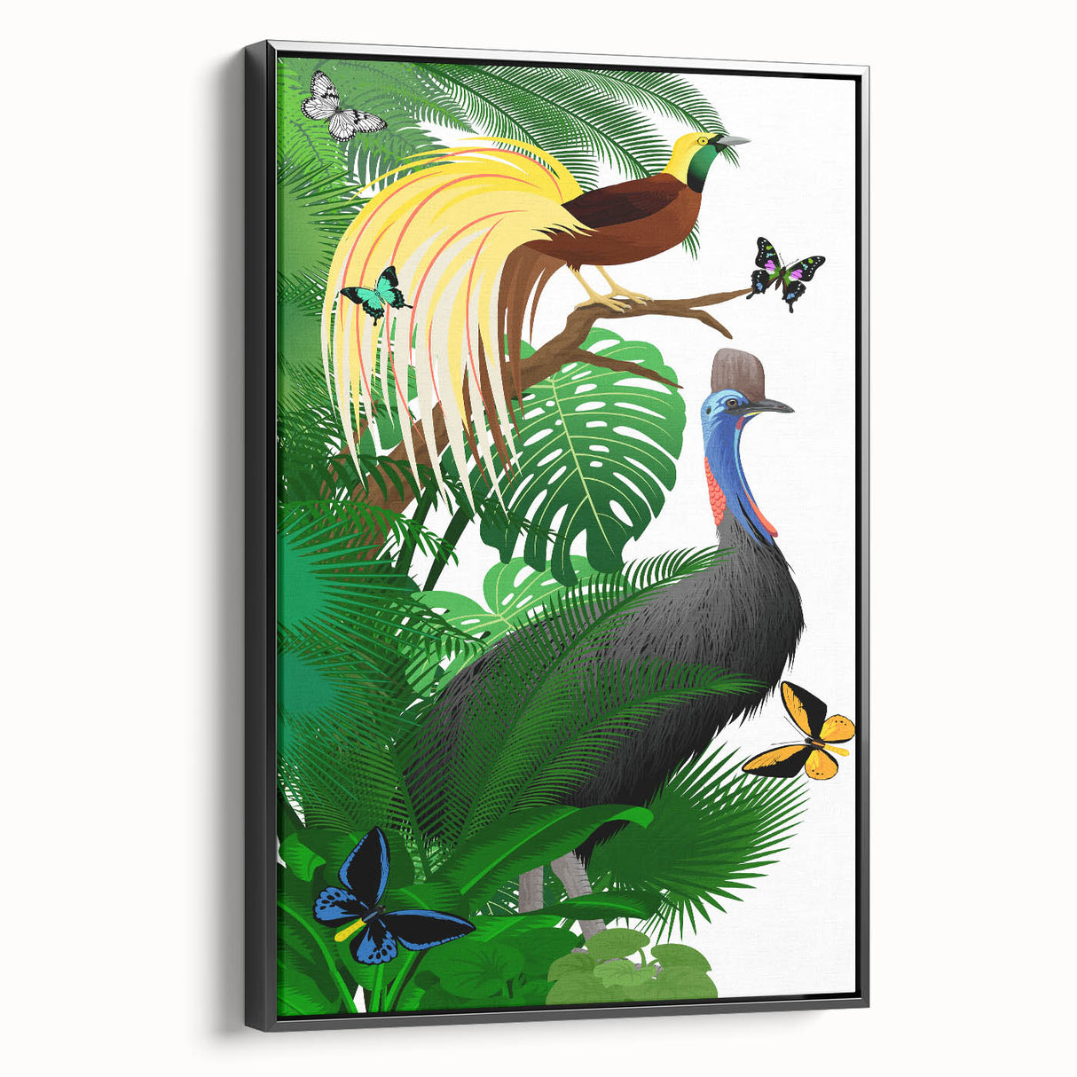 Framed canvas wall art showcasing a vibrant rainforest landscape design, featuring rich greens and earthy tones, displayed from a black side view to highlight its depth and elegance. Perfect for nature-inspired home decor, adding a touch of tranquility and sophistication to any space.