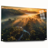 Acrylic glass wall art piece showcasing a vibrant rainforest landscape design, featuring lush green foliage and colorful wildlife. Ideal for nature-themed decor.