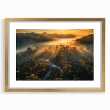 Framed rainforest landscape wall art with a gold mat, showcasing vibrant greens and nature-inspired hues, perfect for enhancing home decor aesthetics.
