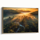 Framed canvas wall art showcasing a vibrant rainforest landscape design with rich greens and gold accents, perfect for enhancing home decor with a natural theme.