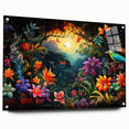 Acrylic wall art featuring a vibrant rainforest landscape design, showcasing lush greenery and vivid colors, displayed from a side view with decorative pins.