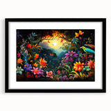 Framed wall art showcasing a vibrant rainforest landscape design, featuring rich green hues and intricate details, presented in a sleek black frame with a white mat.