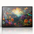 Framed acrylic wall art showcasing a vibrant rainforest landscape design with lush greenery, prominently displayed in a sleek black frame, perfect for home decor.