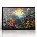 Framed acrylic wall art showcasing a vibrant rainforest landscape design with lush greenery, prominently displayed in a sleek black frame, perfect for home decor.