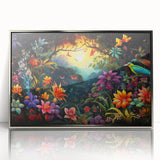 Framed acrylic wall art showcasing a vibrant rainforest landscape design with rich greens and blues, perfect for enhancing home decor with a nature-inspired theme.