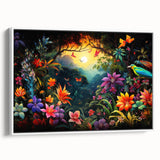 Framed canvas wall art showcasing a lush rainforest landscape with vibrant greens and earthy tones, featuring a sleek white frame for modern decor enhancement.