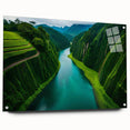 Acrylic glass wall art display featuring a vibrant rainforest landscape design, showcasing lush greenery and intricate details, mounted with stylish pins for an elegant presentation.