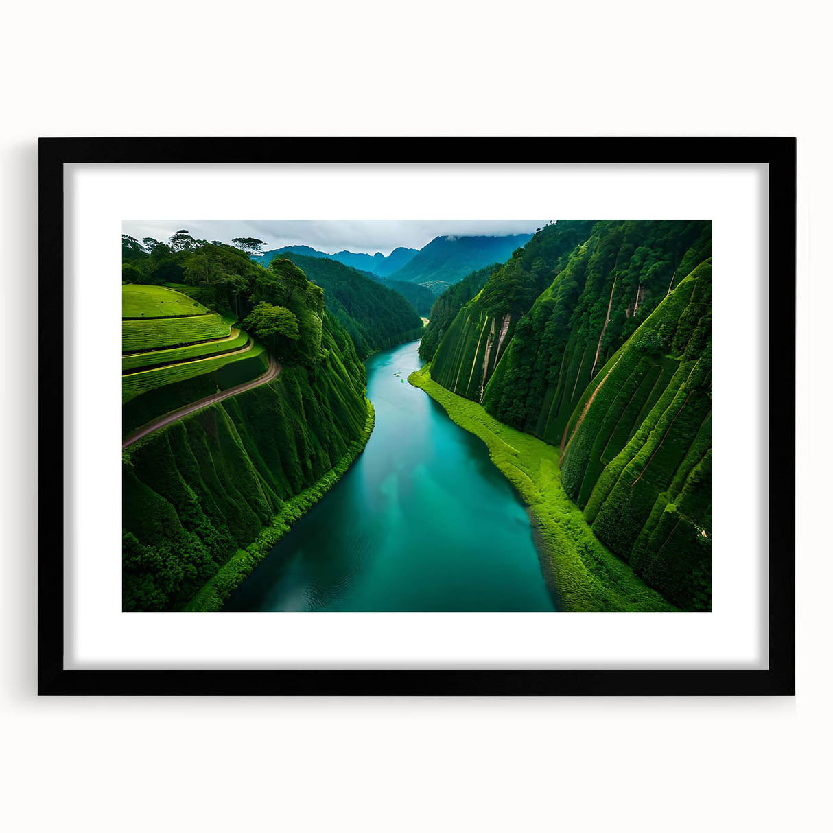 Framed rainforest landscape wall art featuring vibrant green hues and intricate details, set in a sleek black frame with a white mat, ideal for home decor.