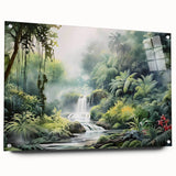 Acrylic glass wall art collection showcasing a vibrant rainforest landscape design, featuring lush greenery and colorful flora, displayed with stylish pins on a neutral wall. This captivating artwork adds a touch of nature-inspired elegance to any space.