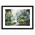 Framed wall art showcasing a vibrant rainforest landscape design, featuring rich greens and earthy tones, with a sleek black mat and frame enhancing its appeal.