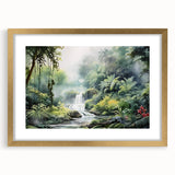 Framed rainforest landscape wall art featuring vibrant green foliage and intricate details, accented with a gold mat and frame, ideal for enhancing home decor.