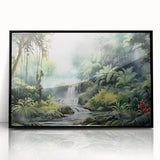 Framed acrylic wall art showcasing a vibrant rainforest landscape, featuring lush greenery and detailed foliage, ideal for enhancing any nature-themed decor.